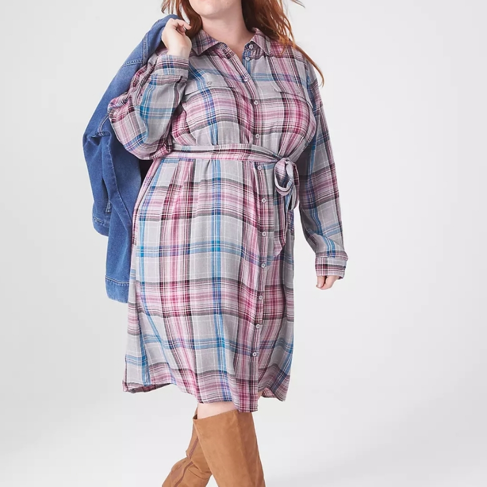 Lane Bryant Shirt Dress Plaid Belted Shirtdress Gray Pink Blue size 24 Office